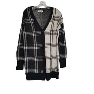 WilliamRast Black Cream Plaid Long Cardigan Sweater Small Academia Geek Cozy New